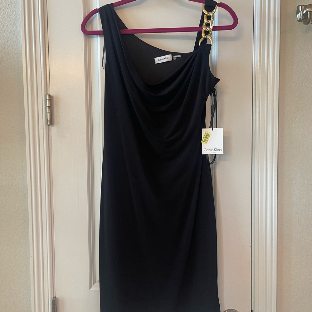 New Calvin Klein Asymmetrical Chain strap little black dress